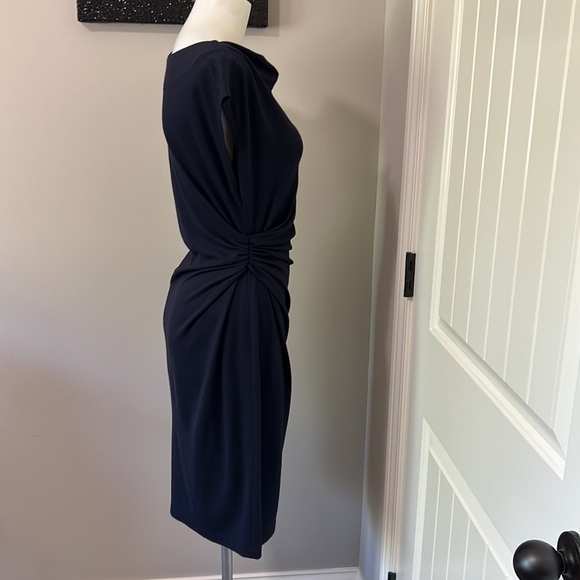 LAFAYETTE 148 Cowl Neck Knee Length Sheath Dress Navy Blue US 6 - Picture 4 of 11